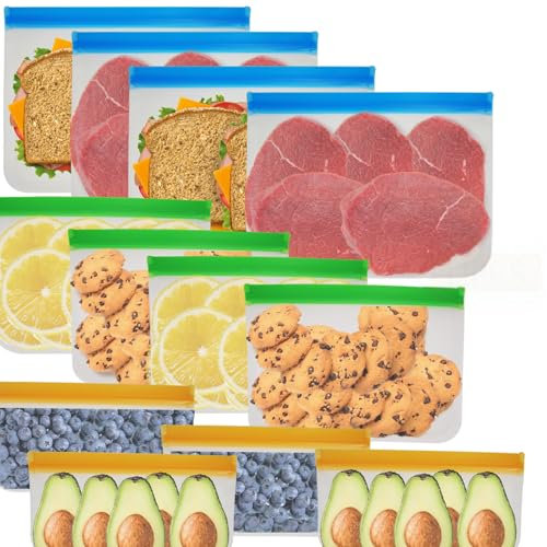 MEgegulo 12 Pack Reusable Freezer Bags, BPA Free Food Bags Zip Seal For Keeping Lunch, Travel, Home Organization,Snacks, Meat,Grains Fresh Clear Silicone Leakproof Food Storage Bags - 3 Sizes