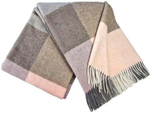 STTS International Kaschmir Decke Wolldecke Wohndecke 100% Merinowolle - Kaschmir - Mix 140 x 200 cm sehr weiches Plaid Kuscheldecke Faro (Grau-Braun-Rosa (Quadrate))