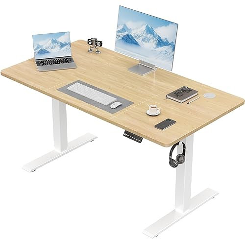 TRIUMPHKEY Höhenverstellbarer Schreibtisch 110 x 60 cm, Schreibtisch Höhenverstellbar Elektrisch, Ergonomischer Steh-Sitz Tisch Computertisch für Home Office, Beige