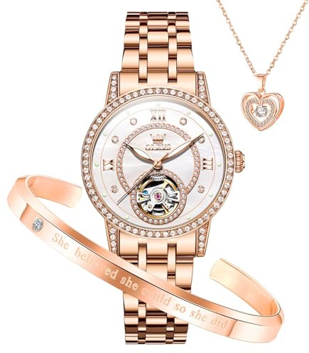 OLEVS Mechanische Damenuhren, Diamant-Tourbillon, elegantes Kleid, Edelstahl, wasserdicht, 30 m, leuchtendes Damenuhren-Set, Geschenk