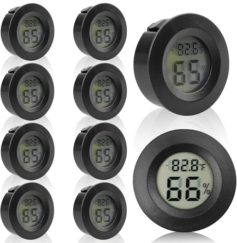 WIYETY - Termometro digitale per interni, 10 pezzi, LCD, mini misuratore di umidità dell'aria, ℃/℉, mini igrometro per serra, cantina, cameretta dei bambini, nero, rotondo