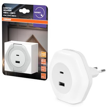 Osram LUNETTA HEXAGON Steckdosen-Nachtlicht, weiß, 5W, 5lm, warmweißes Licht, USB-A & USB-C Anschluss, LED-Technologie, Ladefunktionalität, lange Lebensdauer, Schutzklasse IP20, 3000K