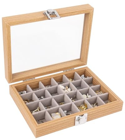 Nideen 24-Grid Earring Storage Organiser Wooden Jewellery Storage Box Elegant Wooden Jewellery Box for Women(Light Brown)