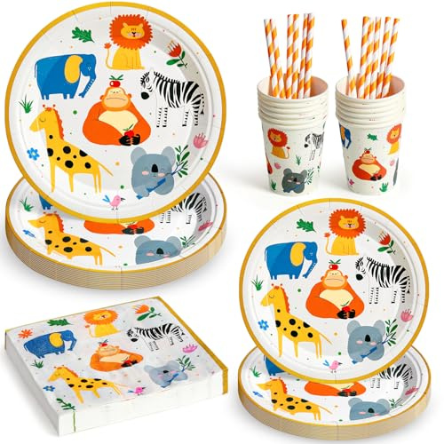 Set Vaisselle Jetable Animaux de la Savane Anniversaire Enfant, Assiettes Plates Serviettes Gobelets Pailles Décoration Anniversaire Thème Safari Fille Garçon Multicolore 12 Personnes
