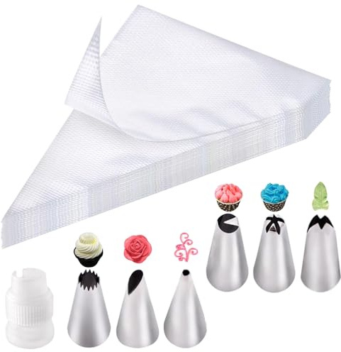 KNUIUYY 100 Piezas Mangas Pasteleras Desechables, Manga Pastelera con 6 Boquillas y 2 Convertidor, 2 Acopladores, para Decoración de Cupcakes, Pastelería, Tartas