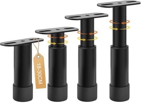 EUBSWA Lot de 4 pieds de lit réglables en hauteur de 25 à 42 cm, pieds moyens, robustes et antidérapants, pour barre centrale, kit de renforcement de sommier à lattes, pour lit