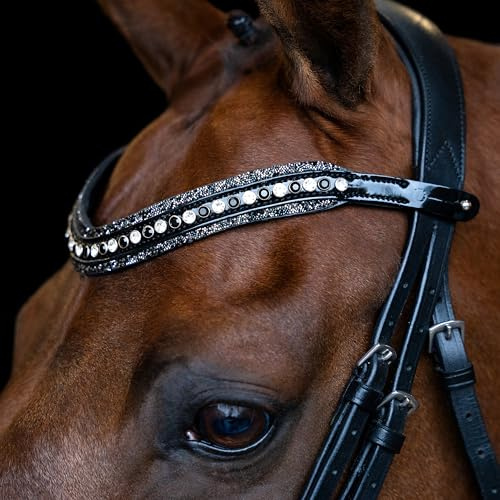 Imperial Riding Stirnriemen IRH Maxima, Stirnband aus Leder mit Glas-Strasssteinen und Stiftverschluss, Weiß-Schwarz, Pony
