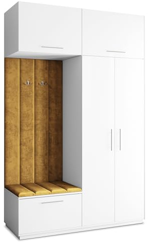Masseno Flugarderoben Set Rema, Kleiderschrank-Set mit Sitzbank, Garderobenschrank Flur mit 5 Regalböden, Weiß