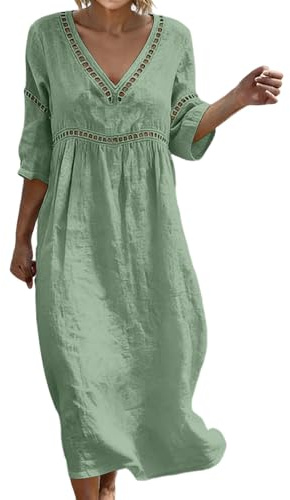 Summer Dresses for Women UK Bohemian 3/4 Sleeve Cotton Dresses Casual Loose Fit Boho Dress Breathable Comfortable Friendly Elegant Style Holiday Beach Travel Everyday Wear