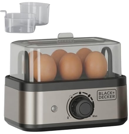 Black+Decker - Cuociuova elettrico 400W | 6 uova | 3 livelli cottura (morbido/medio/duro) | Spegnimento automatico | Segnale acustico | Parti lavabili in lavastoviglie