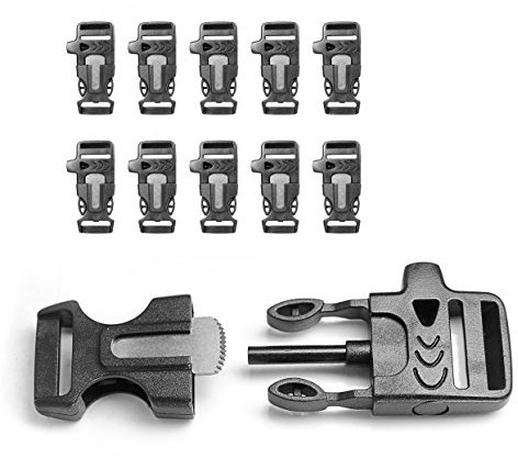 Ganzoo Klickverschluss aus Kunststoff im 10er Set, 3/4'' Klippverschluss/Steckschließer mit Signal-Pfeife und Feuer-Starter/Steckverschluss für Paracord-Armbänder, Farbe: schwarz