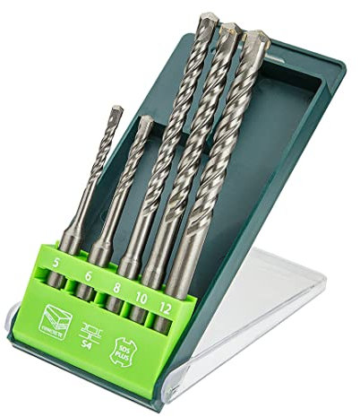 VERTO Satz SDS Plus Betonbohrer, Satz mit 5 Stück für Steinzeug, Porenbeton - 5, 6 x 110 mm + 8, 10, 12 x 160 mm, S4- Doppelspiralwicklung
