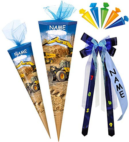 alles-meine.de GmbH Set Schultüte + 5 kleine Zuckertüten - Baufahrzeuge - Bagger - Kran & Baustelle - 85 cm - eckig - incl. Name und individueller großer Schleife - Tüllabs..