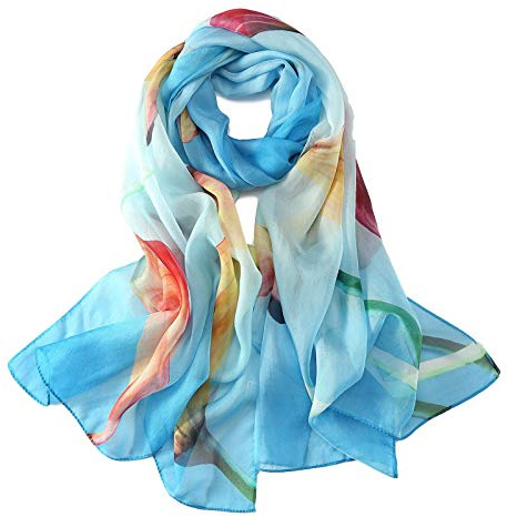 JWSilk Long Silk Chiffon Scarf Floral Print