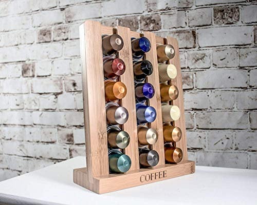 garden mile HomeZone Bamboo Coffee Pod Holder - Compatible with Popular Coffee Brands - Holds 18 Capsules - Espresso Station Accessories - Sliding Display Unit