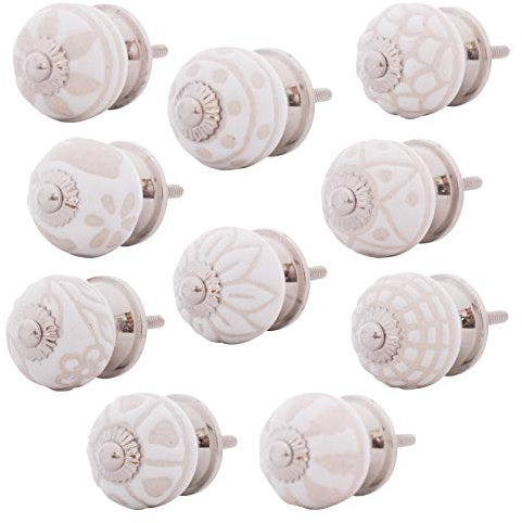 Knober 10 Stück | MIX Set | Weiß | verziert Montur aus Edestahl | Möbelknöpfe 30 mm Knauf | Türgriff Gewinde metrisch M3 | verziert