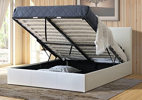MODERNIQUE Bilancio Ottoman Storage White Faux_Leather Super King Sized (6FT) Bounce Sprung Slats Base, Gas Lift up End Up Fabric Covered Floor Massive Storage Bed (White, Super King 6FT)