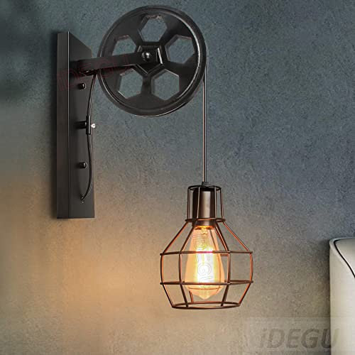 iDEGU Vintage Wandlampe E27 Wandleuchten im Industrial Riemenscheibe Design Retro Lampe aus Metall und Holz Hängelampe Wandlampe für Bar Schlafzimmer Wohnzimmer Restaurant Café Flur - Schwarz