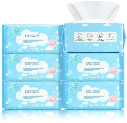 HAPPY BUM Dry Baby Wipes, 100% Cotton Large Baby Wipes, Unscented Cotton Tissues for Sensitive Skin, 600 Count