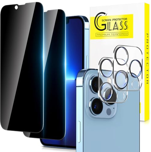 SLYTF Sichtschutz Panzerglas für iPhone 13 Pro (6,1 Zoll) mit Kamera Schutz, Anty-Spy, Anti-Spähen Gehärtetes Glas Schutzfolie, 2+2 Stück, 9H Härte,Blasenfrei, Kratzfest