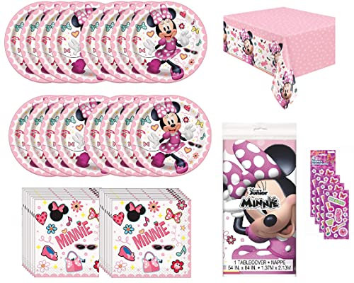 Set di accessori per feste di compleanno di Minnie Mouse per 16 include piatti da dessert, tovaglioli, tovaglia