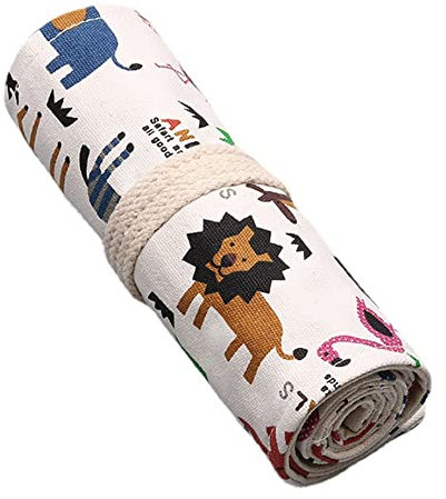 Anawakia Wrap Leinwand Stifterolle Bleistift Wrap Tragbar Stifterolle Bleistifthalter Reise Stiftehalter Buntstifte Federmäppchen Roll-up Mäppchen Tasche Organizer (Tier,36 Slots)