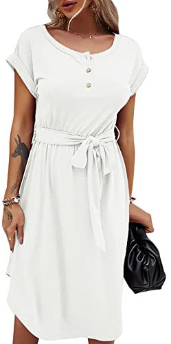 Bequemer Laden Damen Sommer Kleid Knopfleiste Kurzarm Midi Kleider Elegant Sommerkleid Businesskleid mit Taille Krawatte 2023, Weiß, M
