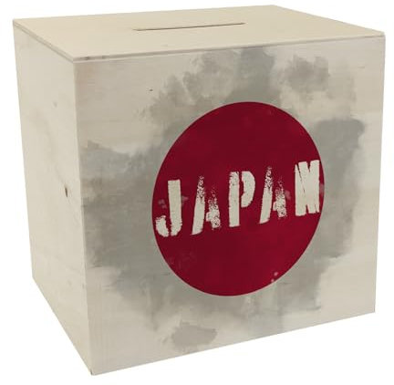Spardose aus Holz mit Japan-Flagge im Used Look - Sparschwein für Urlauber eine schöne Sparbüchse mit der japanischen Nationalflagge verziert um auf die Reise nach Japan zu sparen