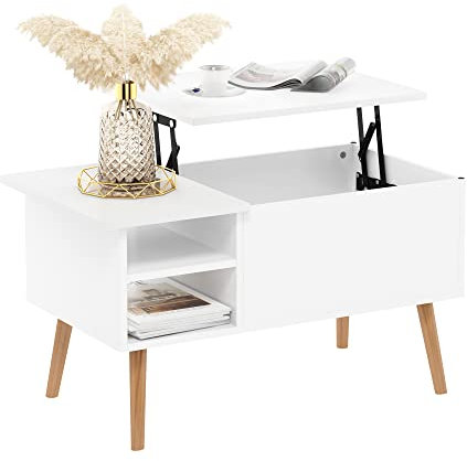Furinno Jensen Table Basse Relevable avec Pieds en Bois, Blanc Uni