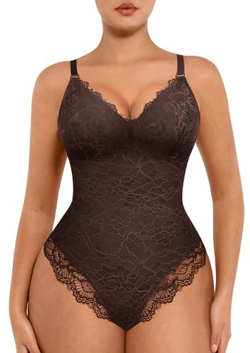 FeelinGirl Shaping Bodysuit for Women Tummy Control Shapewear V Neck Lace Backless Tank Tops One Piece Body Shaper Thongs Olive Brown XXL