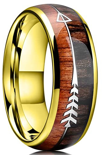 MAYIYAHO Mode 8mm Gold Farbe Edelstahl Ringe für Männer Frauen Intarsien Hawaiian Koa Holz Pfeil Ringe Männer Ehering Schmuck