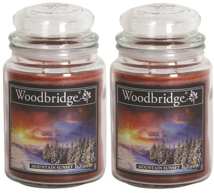 Woodbridge Große Duftkerze im Glas mit Deckel | 2er Duftkerzen Set Mountain Sunset | Duftkerze Frisch | Kerzen lange Brenndauer | Raumduft für Zuhause | Kerze 2 Docht