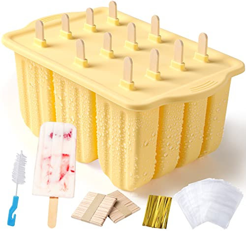 Eisformen Silikon,Eisformen Eis am Stiel Silikon,Popsicle Formen Set,Stieleisformen,Eisförmchen mit Stiel,Ice Cream Lolly Mold Eiscreme Form Eis-Pop-Hersteller Eis Selber Machen (12-Gelb)