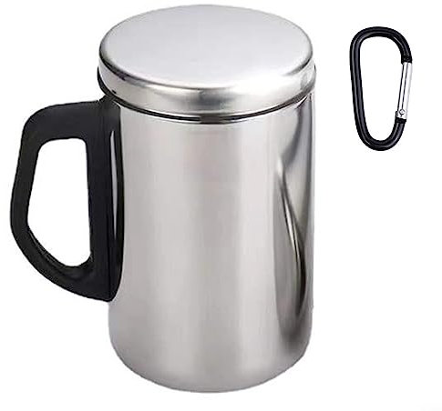 Tazza termica in acciaio con moschettone isolante, a doppia parete, da campeggio (2 pezzi, 500 ml)