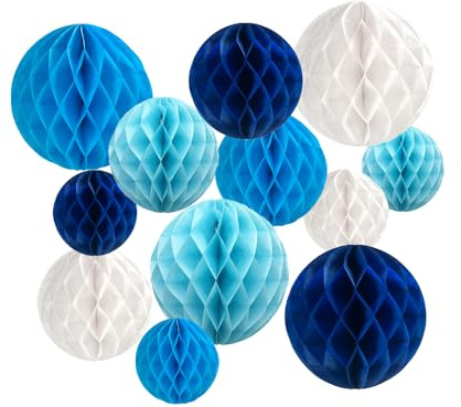 12Pcs Paper Honeycomb Balls Decorations Hanging Tissue Paper Pom Poms Honeycomb 6'' 8'' 10'' Flower Balls for Birthday Wedding Baby Shower Engagement Room Home Holidays Party Décor (White, Blue)