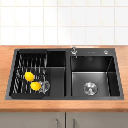 Fregadero doble para cocina, 78 x 43 cm, acero inoxidable, con tubo de desagüe y rebosadero, dispensador de jabón, de tubos en S, color negro