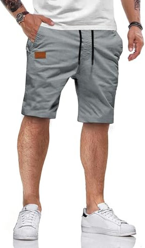 HMIYA Kurze Hosen Herren Baumwolle Chino Shorts Sommer Freizeitshorts Elastische Taille mit Taschen(Hellgrau,EU-M)
