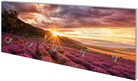 Wallario Wandgarderobe aus Glas in Größe 80 x 30 cm mit Memoboard-Funktion, Motiv: Lavendelfeld bei Sonnenuntergang - Sonnenstrahlen | 5 Kleiderhaken zum Aufhängen von Jacken
