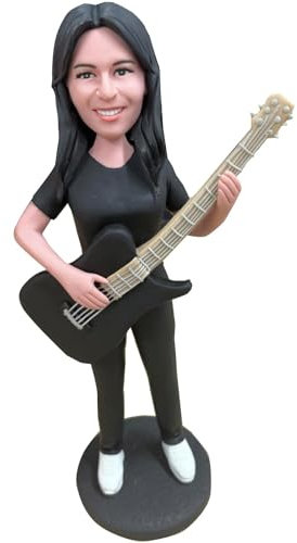 RODMAIE Individuelle Wackelkopf-Figur, individuelle Puppe, Gitarrenmädchen im schwarzen Anzug, benutzerdefinierte Wackelkopf, Wackelkopf-Figuren, handgefertigte personalisierte Skulptur,