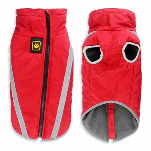 Monkimau Winterjacke für große Hunde XL bis 6XL | Hundemantel Hundejacke Wasserabweisend mit Leuchtstreifen Unterlegtem Reißverschluss und Gummizug (Rot, XXL)