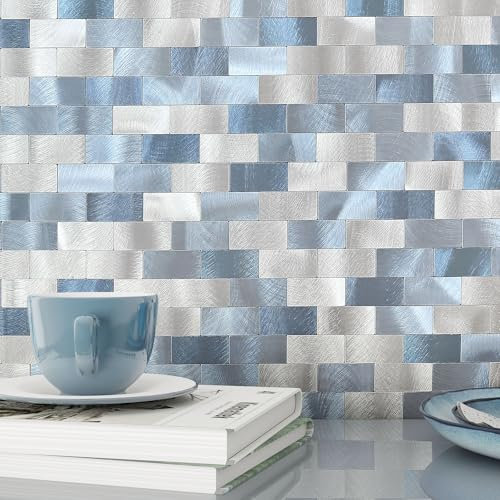 BeNice Metallic Brick Stick on Kitchen Wall Tiles,Metal Backsplash Self Adhesive Tiles Bathroom Tile Stickers(Blue Mix,10pcs)