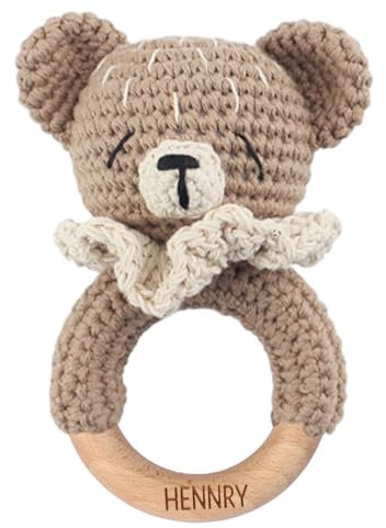 NGTSFLY Personalisierte Geschenke Baby - Personalisierter Beißring Baby aus Holz - Greifling Personalisiert Babyrassel mit Name, Geschenk zur Geburt Junge und Mädchen (Kart-Bär)