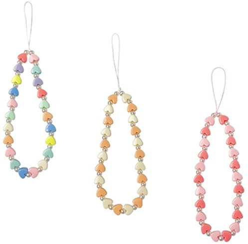 TEOZBLU 3 piezas Abalorios de corazón para teléfono celular, Cuerda Para Movil, Colgante de Mano para Móvil, Correa De Muñeca con Cordón para Teléfono, para la mayoría de los Smartphones