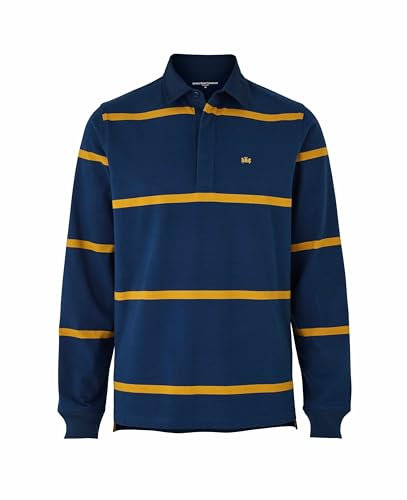 THE SAVILE ROW COMPANY LONDON Men's Heavyweight Cotton Jersey Rugby Shirt - Navy Gold Stripe - Large