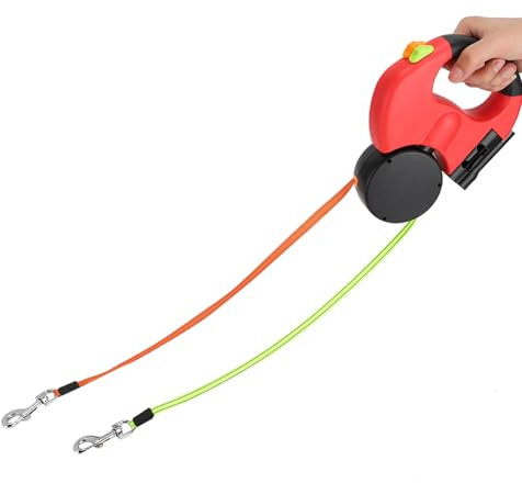 FLEXMAN Dual Einziehbare Hundeleine, Um 360° Drehbar, Automatisch Ausziehbares, Flexibles Zugseil für Hunde und Katzen mit LED Licht, Reflektierendes Nylongewebe für Spaziergänge (Red)