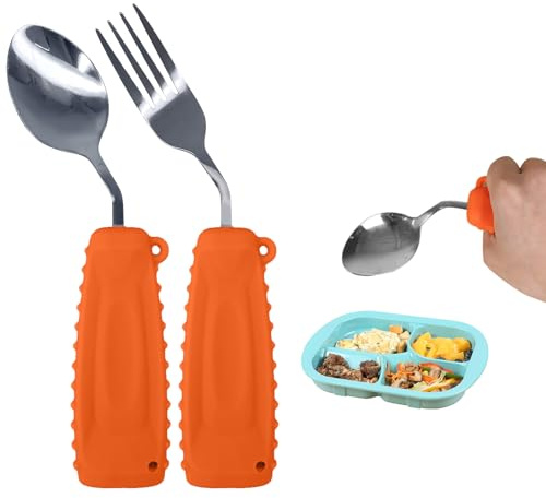 Adaptive Utensilien, gewichtetes Besteck für Zitternde und Parkinson-Patienten, Utensilien für ältere Menschen, Set Löffel und Gabel (Orange-Rechts)