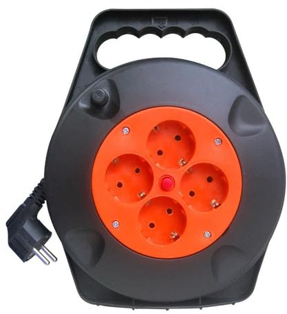Enrollacable con 4 enchufes, Cable de 10m, 3GX1.5mm, Cobre con termostato de Seguridad, 3250W máx; Ideal para hogares y oficinas.