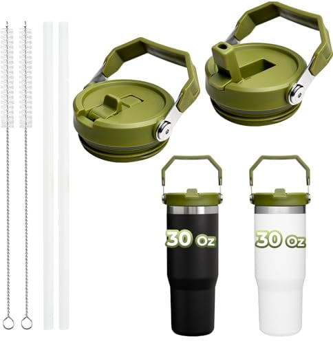 ZOSIX New Upgraded 2PCS Designed for Stanley Cup 30 oz Flip Straw Lid, Leak Proof Lid, Spill Proof Tumbler Lid Cup Lid Replacement for Stanley 30 oz Tumbler with Handle, Matcha Green
