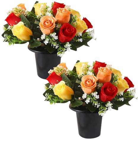 JOAASU Artificial Flowers For Graves, 2pcs Grave Flower In Pot, Artificial Grave Flowers Pots, 12 Head, Artificial Flower for Cemetery, Memorial, Christmas Decorations (Red,Orange, Yellow)