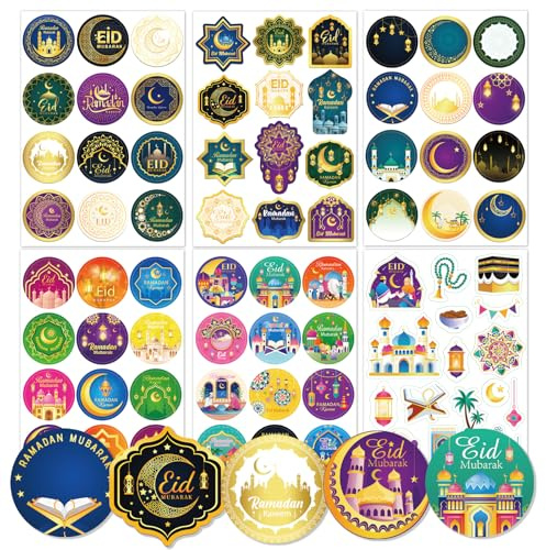 HOWAF 24 Bögen-312pcs Ramadan Aufkleber Eid Mubarak Aufkleber, Ramadan Sticker Eid Mubarak Sticker Runde Etiketten Selbstklebend für Eid Mubarak Geschenke Tüten Geschenkbox Deko Muslim Islam Party, A
